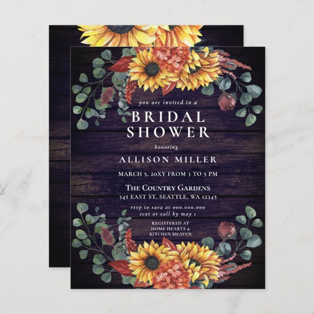 Convite de Chá de Noiva com Girassóis de Madeira E (Frente/Verso)