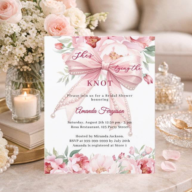 Convite de chá de noiva com laço rosa e pérolas fl (Criador carregado)