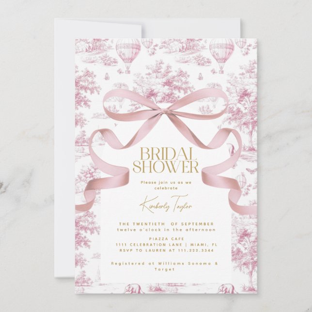 Convite de Chá de Noiva com Laço Rosa Toile De Jou (Frente)