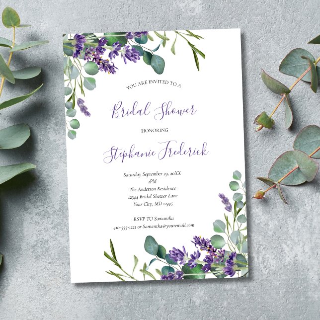 Convite de Chá de Noiva com Lavanda Eucalipto Verd (Lavender Eucalyptus Elegant Modern Bridal Shower Invitation, Printed and Digital Download)