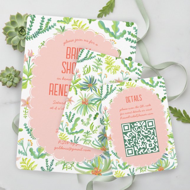 Convite de Chá de Noiva com QR Code Personalizado  (Jungle Garden Watercolor Hand-painted Custom QR BRIDAL SHOWER Enclosure Card
)