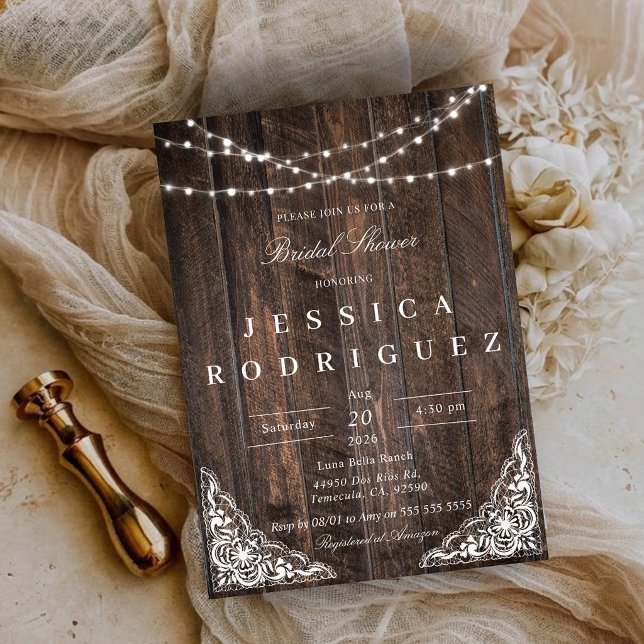 Convite de Chá de Noiva com Renda de Madeira Rústi (Rustic Wood Lace Bridal Shower Invitation)