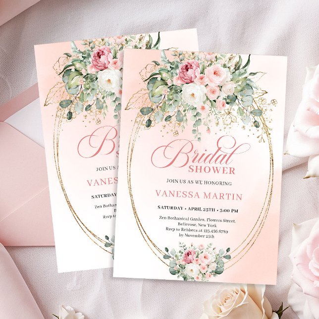 Convite de Chá de Noiva com Rosas Cor-de-Rosa Eleg (Elegant Blush Roses Bridal Shower Gold Invitation)