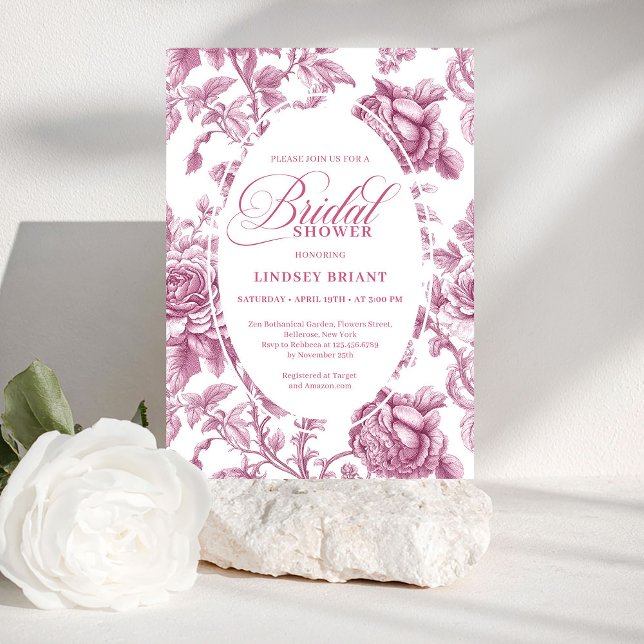 Convite de Chá de Noiva com Rosas em Toile de Fúcs (Dark Fuchsia Toile Roses Bridal Shower Invitation Card

)
