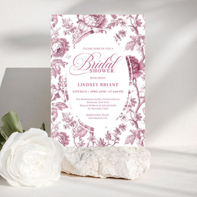 Convite de Chá de Noiva com Rosas Toile de Jouy Ro (Dusky Pink Toile Roses Pattern Bridal Shower Invitation

)