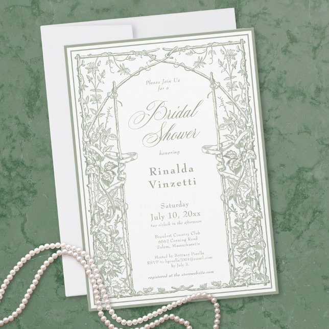 Convite de Chá de Noiva com Treliça Botânica Vinta (Sage Green Vintage Botanical Trellis Bridal Shower Invitation)