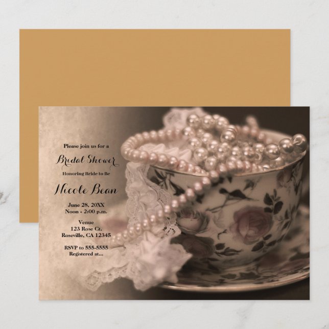 Convite de Chá de Noiva com Xícara de Chá e Pérola (Frente/Verso)