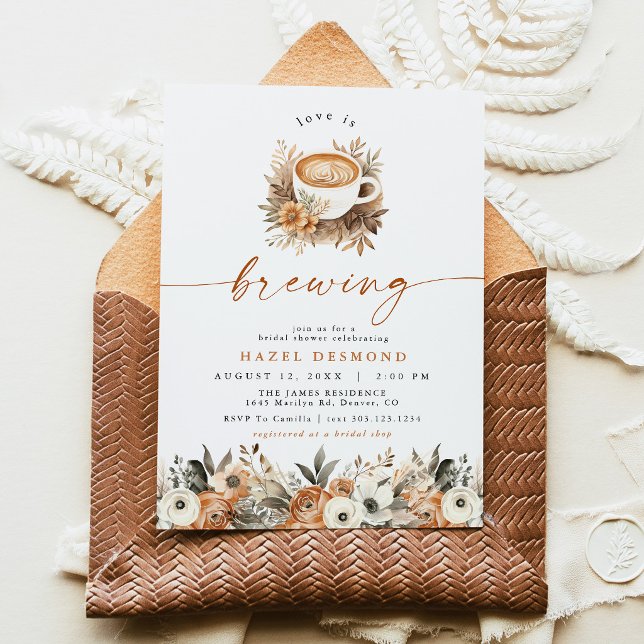 Convite de Chá de Noiva de Café, O Amor Está Cozin (Boho Fall Floral Espresso Latte Love Is Brewing Coffee Bridal Shower Invitation)