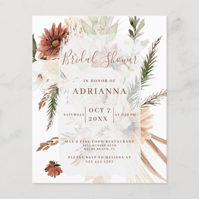 Convite de Chá de Noiva de Casamento Boho Pampas c (Frente)