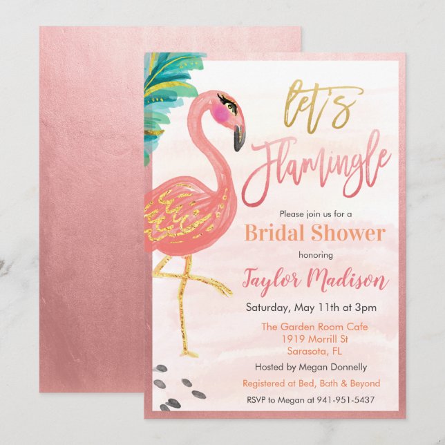 Convite de Chá de Noiva de Flamingo Aquarela (Frente/Verso)