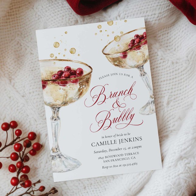 Convite de Chá de Noiva de Inverno com Brunch e Es (Christmas Brunch and Bubbly Bridal Shower Invitation)