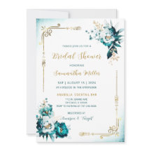 Convite de Chá de Noiva Editável Azul Turquesa e D