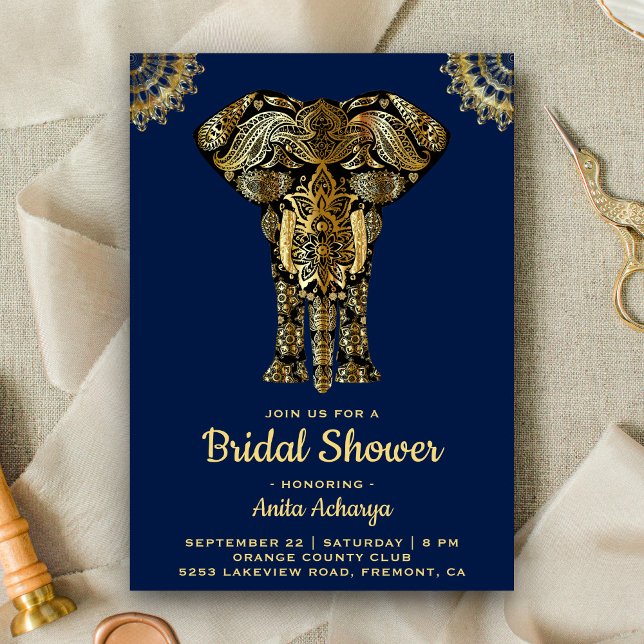 Convite de Chá de Noiva Elefante Azul Dourado Indi (Criador carregado)