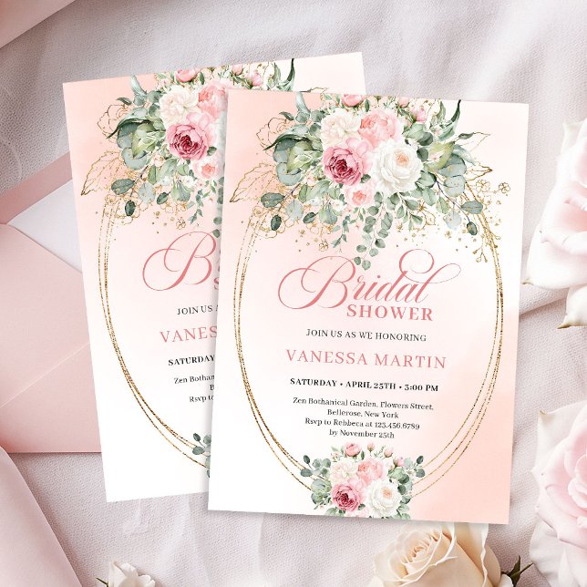 Convite de Chá de Noiva Elegante com Rosa e Eucali (Elegant Blush Eucalyptus Bridal Shower Gold Invitation)