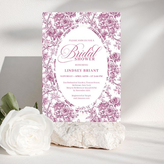 Convite de Chá de Noiva Elegante com Rosas em Toil (Elegant Dusty Pink Toile Roses Bridal Shower Invite)