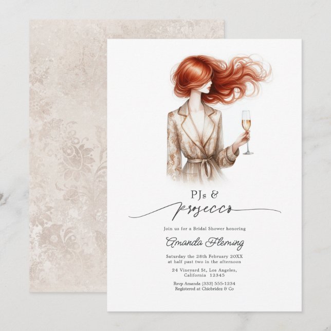 Convite de Chá de Noiva Elegante PJs & Prosecco Ca (Frente/Verso)