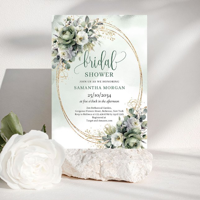 Convite de Chá de Noiva em Aquarela Verde Dourado (Watercolor Greenery Gold Bridal Shower Invitation)