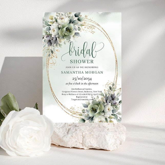 Convite de Chá de Noiva em Aquarela Verde e Branco (Watercolor Green White Bridal Shower Invitation)