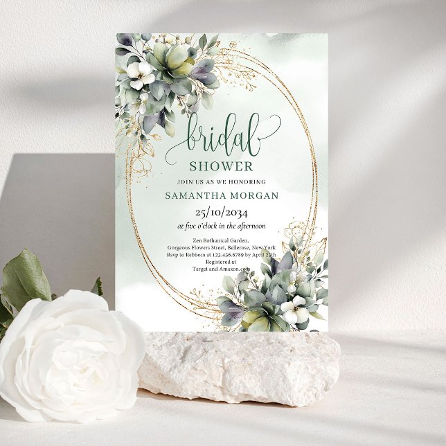 Convite de Chá de Noiva em Aquarela Verde Poeirent (Watercolor Dusty Green Bridal Shower Invitation)