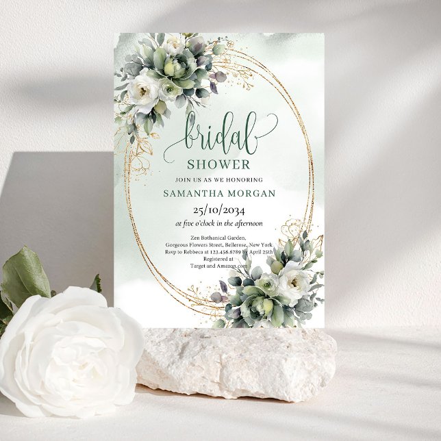 Convite de Chá de Noiva em Verde Botânico Dourado (Botanical Green Gold Bridal Shower Invitation)