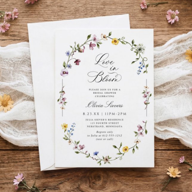 Convite de Chá de Noiva Flor de Amor Silvestre em  (Love in Bloom wildflower bridal shower invitations - elegant vintage watercolor floral frame.)