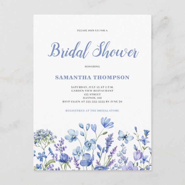 Convite de Chá de Noiva Floral Azul (Frente)