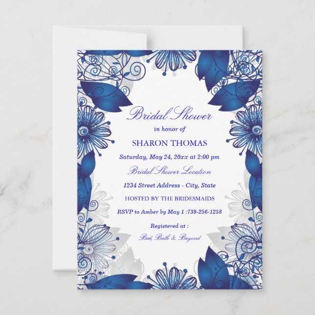 Convite de Chá de Noiva Floral Azul Elegante | (Frente)