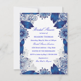 Convite de Chá de Noiva Floral Azul Elegante |