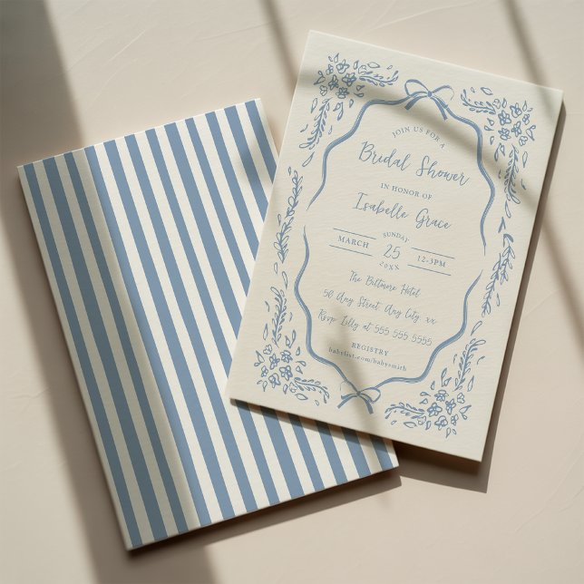 Convite de Chá de Noiva Floral Azul Elegante Toile (Criador carregado)