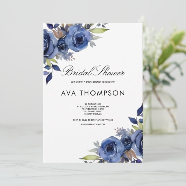 Convite de Chá de Noiva Floral Azul Marinho (Em pé/Frente)