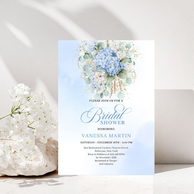 Convite de Chá de Noiva Floral Azul Moderno em Dou (Modern Blue Floral Bridal Shower Gold Invitation)