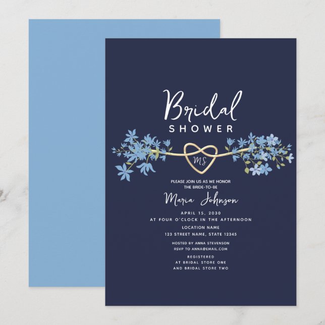 Convite de Chá de Noiva Floral Azul Navy Empoeirad (Frente/Verso)