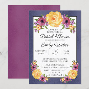 Convite de Chá de Noiva Floral Azul Roxo Amarelo