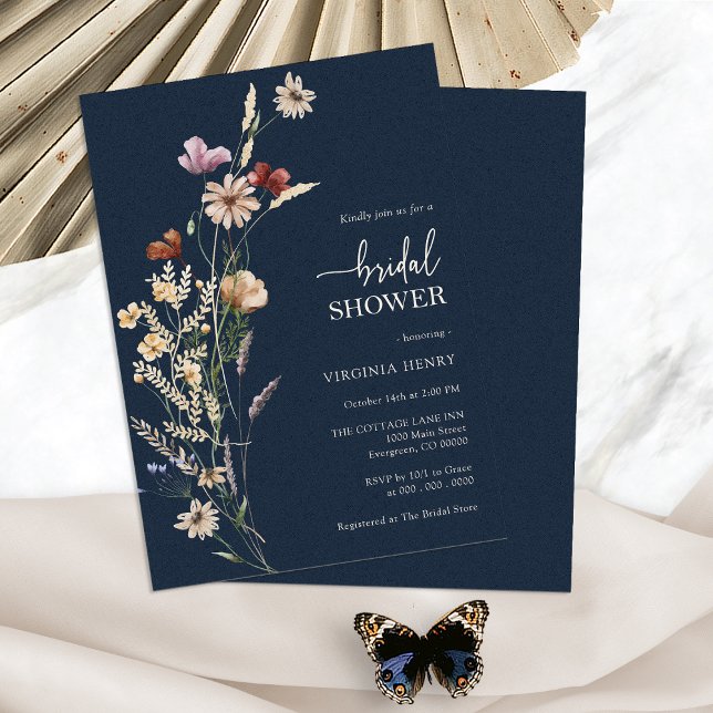 Convite de Chá de Noiva Floral Boho Azul Marinho (Navy Blue Boho Floral Bridal Shower Invitation by Painted Paperie
)