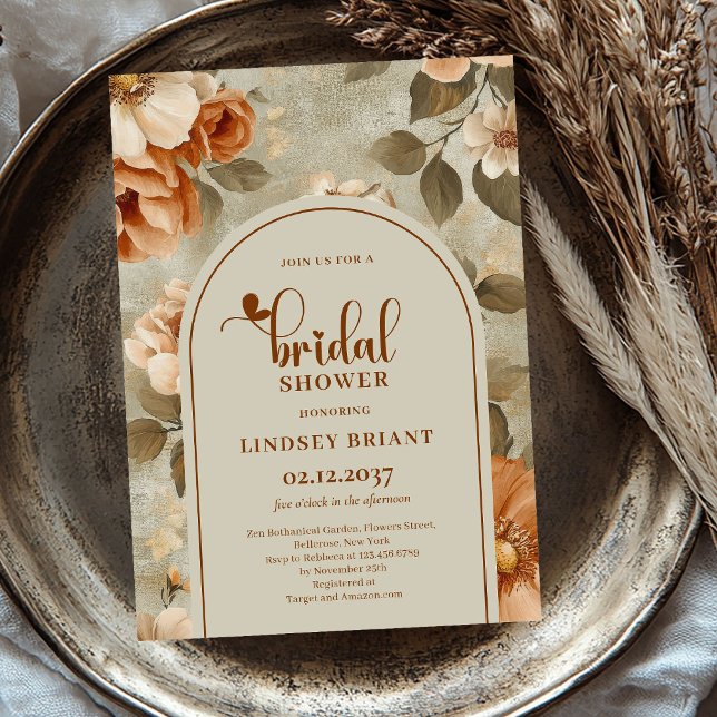 Convite de Chá de Noiva Floral Boho Laranja Queima (Boho Burnt Orange Floral Bridal Shower Invitation)