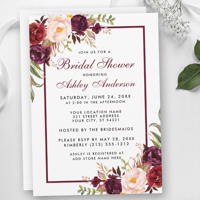 Convite de Chá de Noiva Floral Borgonha (Customize to change text size, text style or text color.)