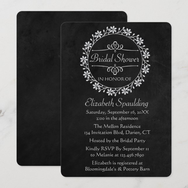 Convite de Chá de Noiva Floral com Quadro Negro (Frente/Verso)