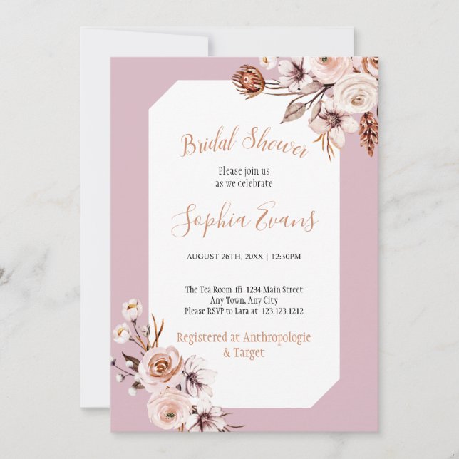 Convite de Chá de Noiva Floral Creme e Marrom Boho (Frente)