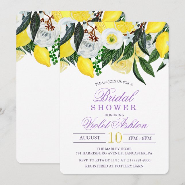 Convite de Chá de Noiva Floral de Limão em Aquarel (Frente/Verso)