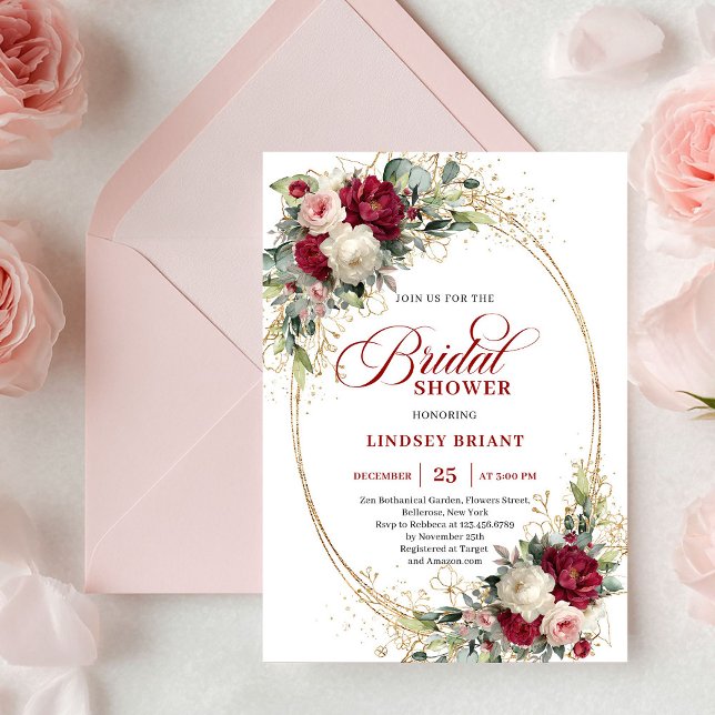 Convite de Chá de Noiva Floral Dourado Marsala Ele (Elegant Marsala Floral Gold Bridal Shower Invitation)