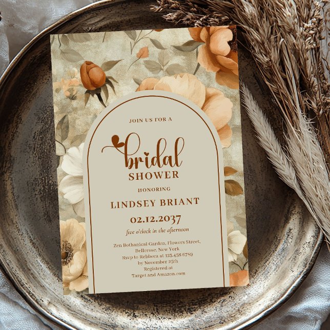 Convite de Chá de Noiva Floral Laranja Queimada Bo (Bohemian Burnt Orange Floral Bridal Shower Invitation)