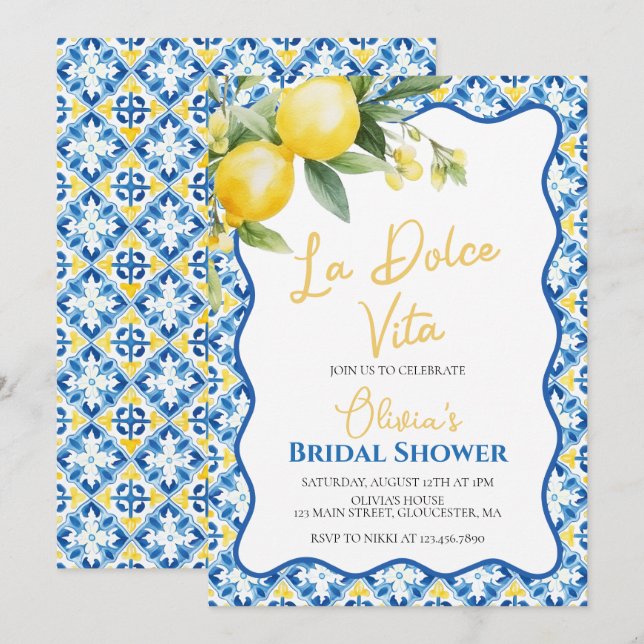 Convite de Chá de Noiva Floral Limão La Dolce Vita (Frente/Verso)