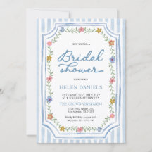 Convite de Chá de Noiva Floral Listrado Azul