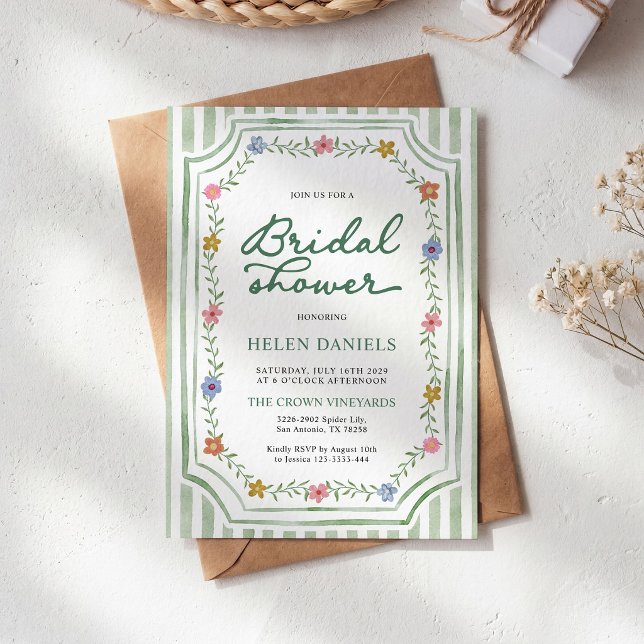 Convite de Chá de Noiva Floral Listrado Verde (Criador carregado)