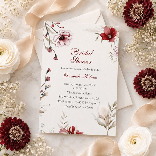 Convite de Chá de Noiva Floral Marfim Borgonha (Burgundy Ivory Floral Bridal Shower Invitation)