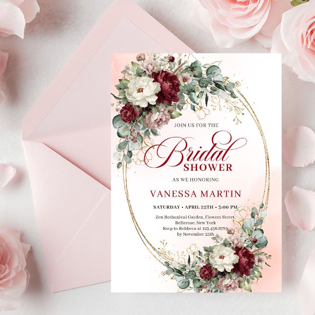 Convite de Chá de Noiva Floral Marrom Bonito em Do (Pretty Maroon Floral Gold Bridal Shower Invitation)