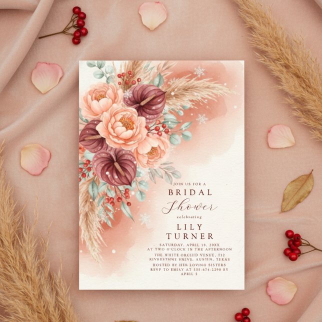 Convite de Chá de Noiva Floral Pampas de Inverno (Winter Pampas Floral Bridal Shower Invitation Card)