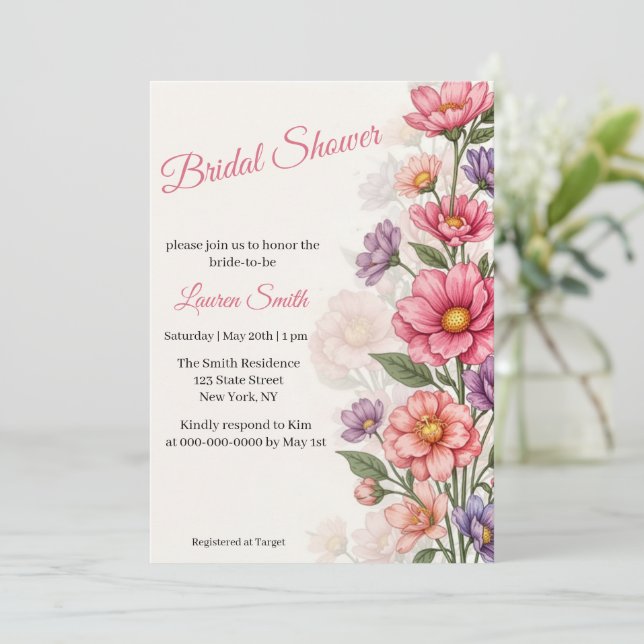 Convite de Chá de Noiva Floral Rosa Elegante (Em pé/Frente)