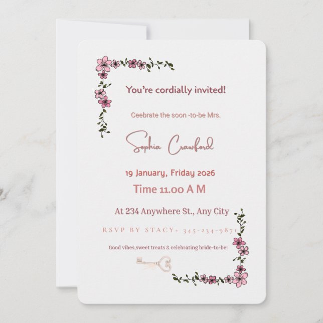 Convite de Chá de Noiva Floral Rosa Elegante | Mín (Frente)