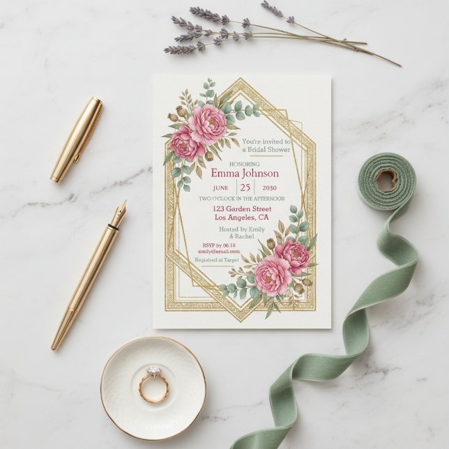 Convite de Chá de Noiva Floral Rosado (Blush Floral Bridal Shower Invitation)